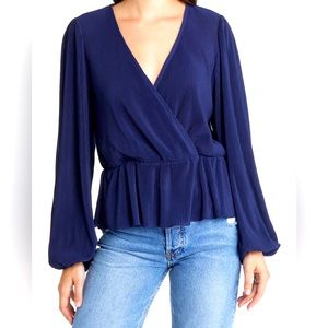 & Other Stories Surplice V-Neck Ribbed Peplum Top, NAVY, Size Large